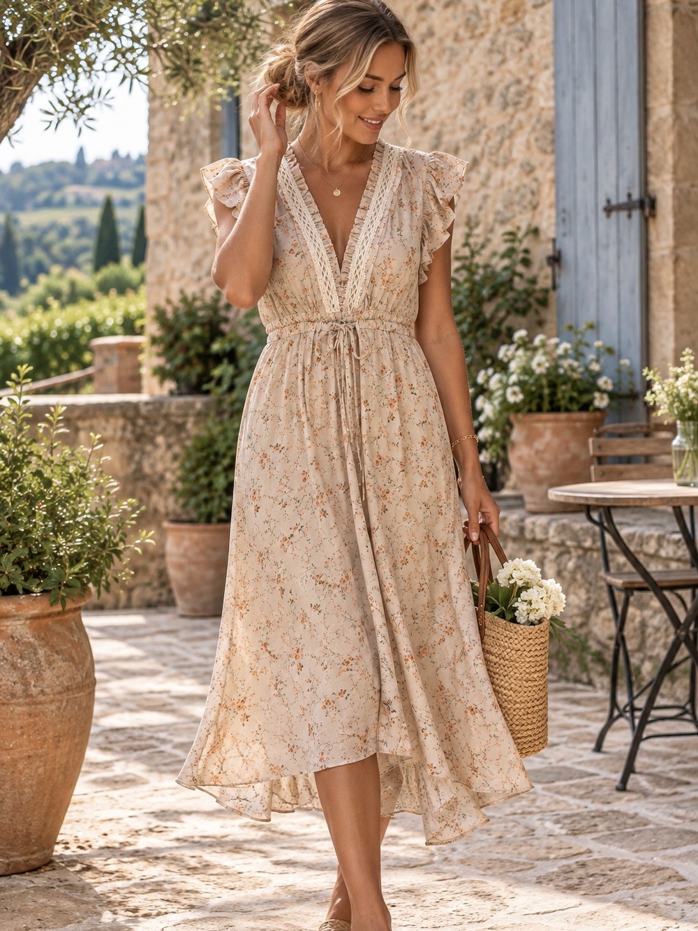 NWT Heyson romantic floral Deep V Drawstring midi/maxi Cottagecore dress Sz S